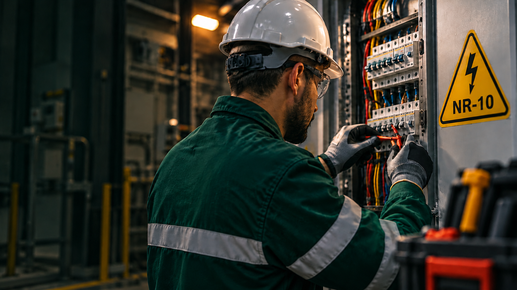 Profissional com capacete e óculos de proteção realizando atividade em painel elétrico.